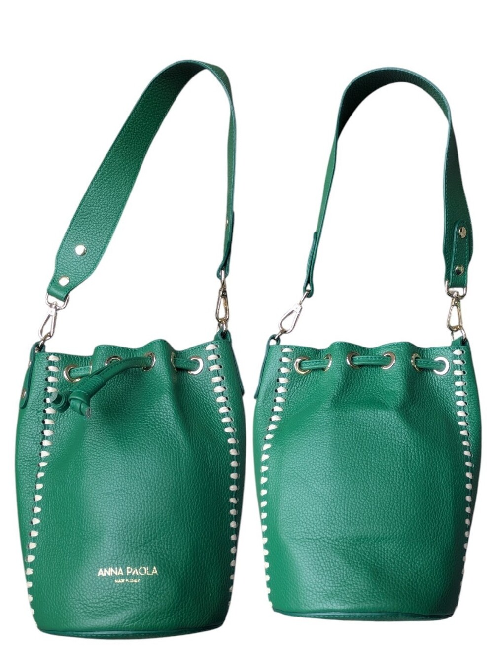Anna Paola Green Leather Whipstitch Bucket Bag